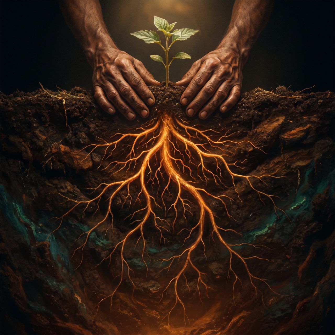 Raiz — mãos protegendo raízes